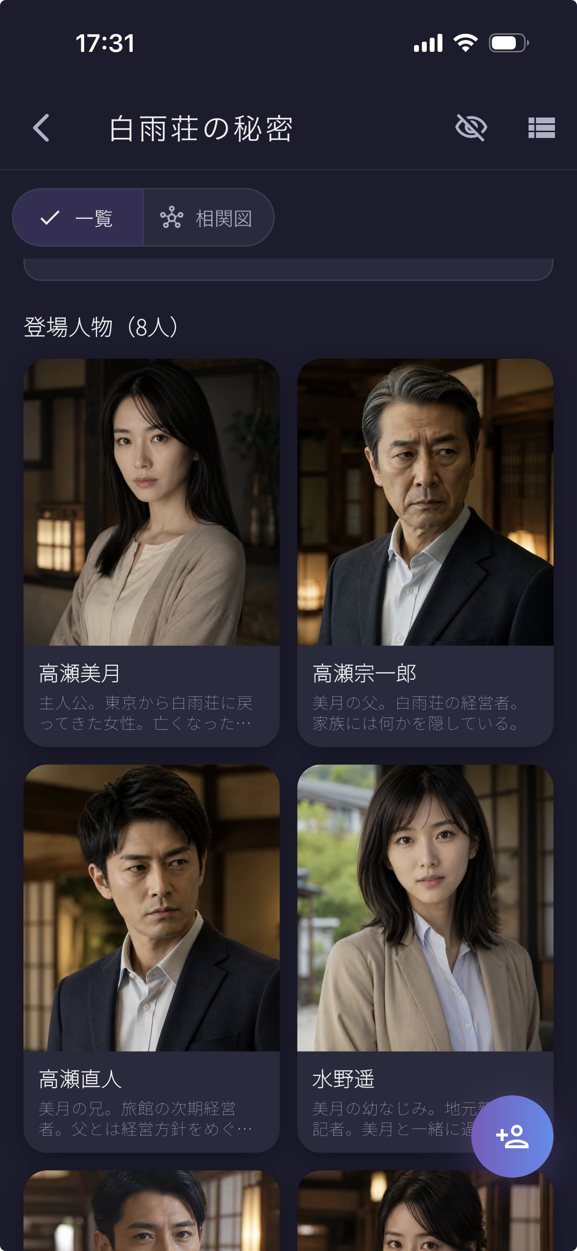 CastMemoで一つの作品に登録した登場人物を一覧表示している画面