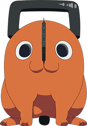 ポチタのキャラクターイラスト。オレンジ色の小さく丸い犬のような姿で、大きな目と、頭部から伸びるチェンソーの刃・引き手がある。
