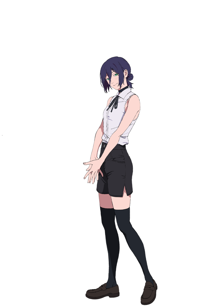 レゼのキャラクター全身イラスト。濃い紫がかった髪を小さくまとめ、白いノースリーブのシャツに細い黒のリボン、黒のショートパンツ、黒のサイハイソックス、茶色のローファーを着用し、やわらかく微笑んでいる。