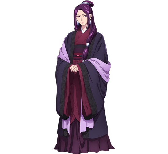阿多妃のキャラクター設定画。紫の髪を高い位置で結い後ろに長く垂らした、切れ長の目の人物。紫・黒・えんじを基調にした落ち着いた装束に薄紫の羽織。