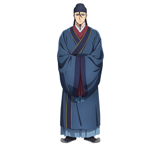 高順のキャラクター設定画。濃紺の頭巾をかぶり髪を後ろで束ねた細身の人物。青系の落ち着いた色の長い官服に赤い差し色、黒い靴。