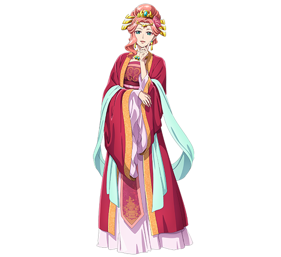 玉葉妃のキャラクター設定画。赤みがかった巻き髪に金と宝石の髪飾り、緑の瞳。紅色を基調に金や淡い水色をあしらった豪華な妃の装束を着ている。