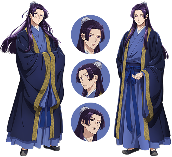 壬氏のキャラクター設定画。紫がかった長い黒髪の片側に白い花の髪飾りを付け、整った顔立ち。青と紺を基調に金の縁取りをあしらった華やかな装束を着ている。