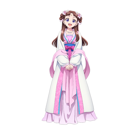里樹妃のキャラクター設定画。茶色の髪を左右のお団子に結い、ピンクの花の髪飾りを付けた幼い顔立ち。白を基調にピンクをあしらった衣装と青いリボンの帯。