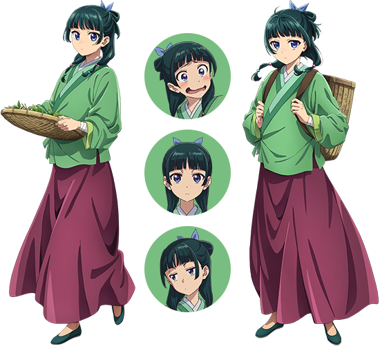猫猫のキャラクター設定画。濃い緑がかった黒髪を後ろでまとめ紫のリボンを付け、鼻の上にそばかすがある。緑の上着に紅色の巻きスカート、緑の靴。薬草を入れた籠や背負い籠を持つ姿も描かれている。