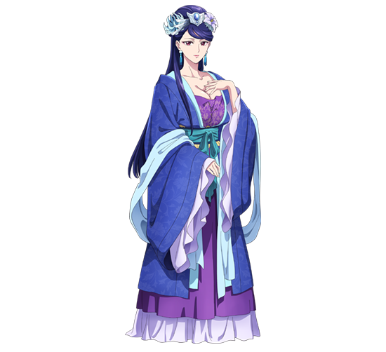 梨花妃のキャラクター設定画。濃い紫の長い髪に青い花の髪飾り、紫の瞳。濃紺の上着に紫の衣、水色の帯を合わせた装束を着ている。