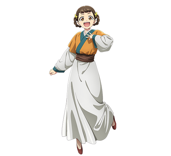 小蘭のキャラクター設定画。茶色の髪を左右のお団子に結い黄色い髪飾りを付けた、明るい笑顔の少女。オレンジの上着に白い長いスカート、茶色の帯、赤い靴。